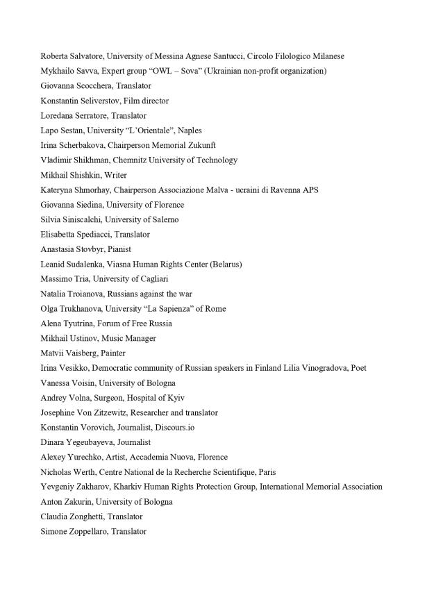 List of selected signatures on the open letter opposing Valery Gergiev's concert in Italy.